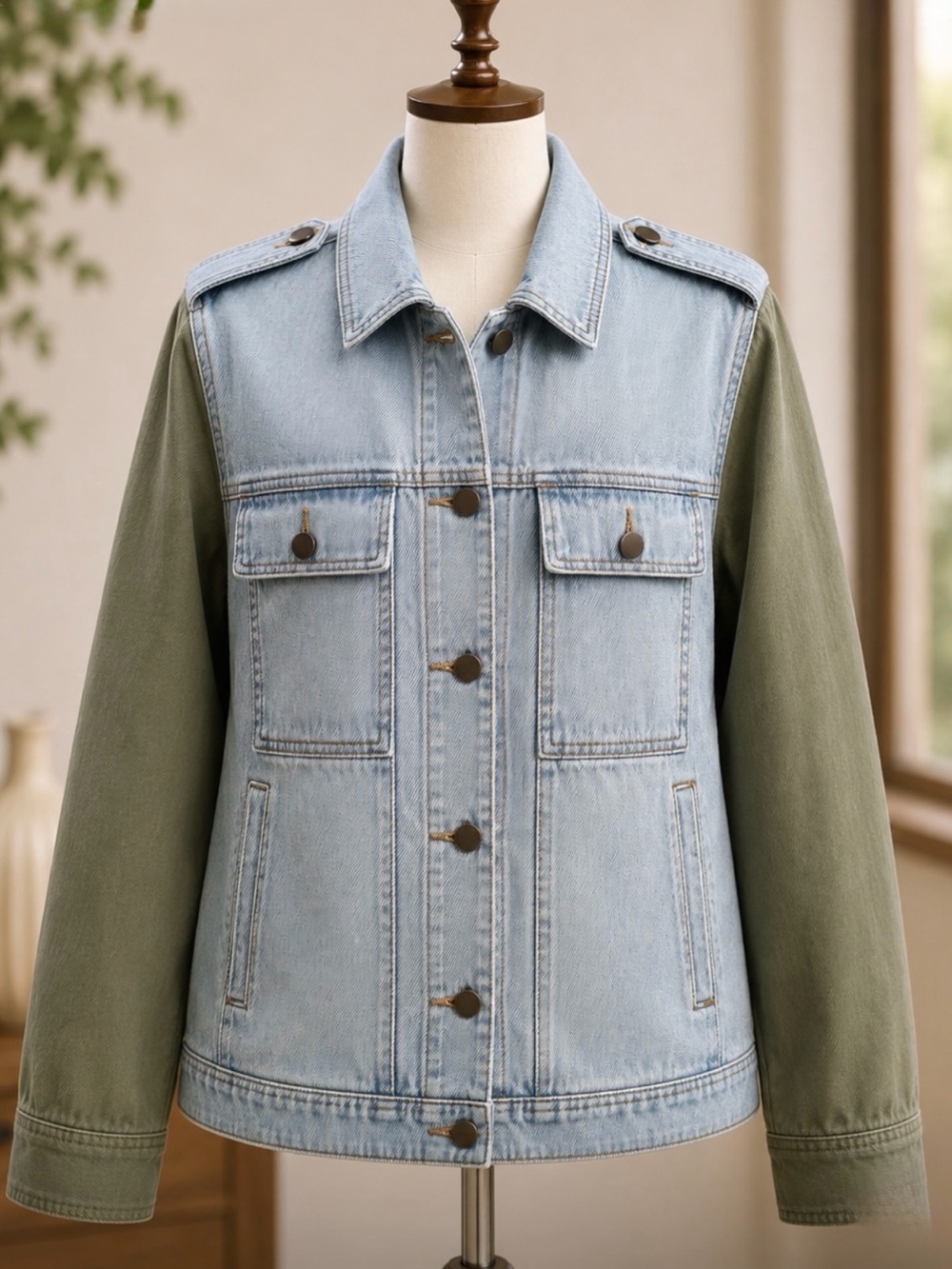 FRAME Mixed Media Denim Utility Jacket Olive Green and Light  Blue Denim Size XS